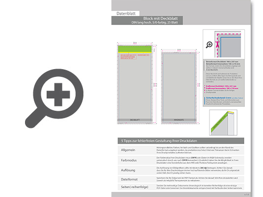 Product Bild block_mit_leimbindung_und_deckblatt__din_lang__25_blatt__5_0_farbig_einseitig_bedruckt_(cmyk_4-farbig_+_1_sonderfarbe_hks_oder_pantone)